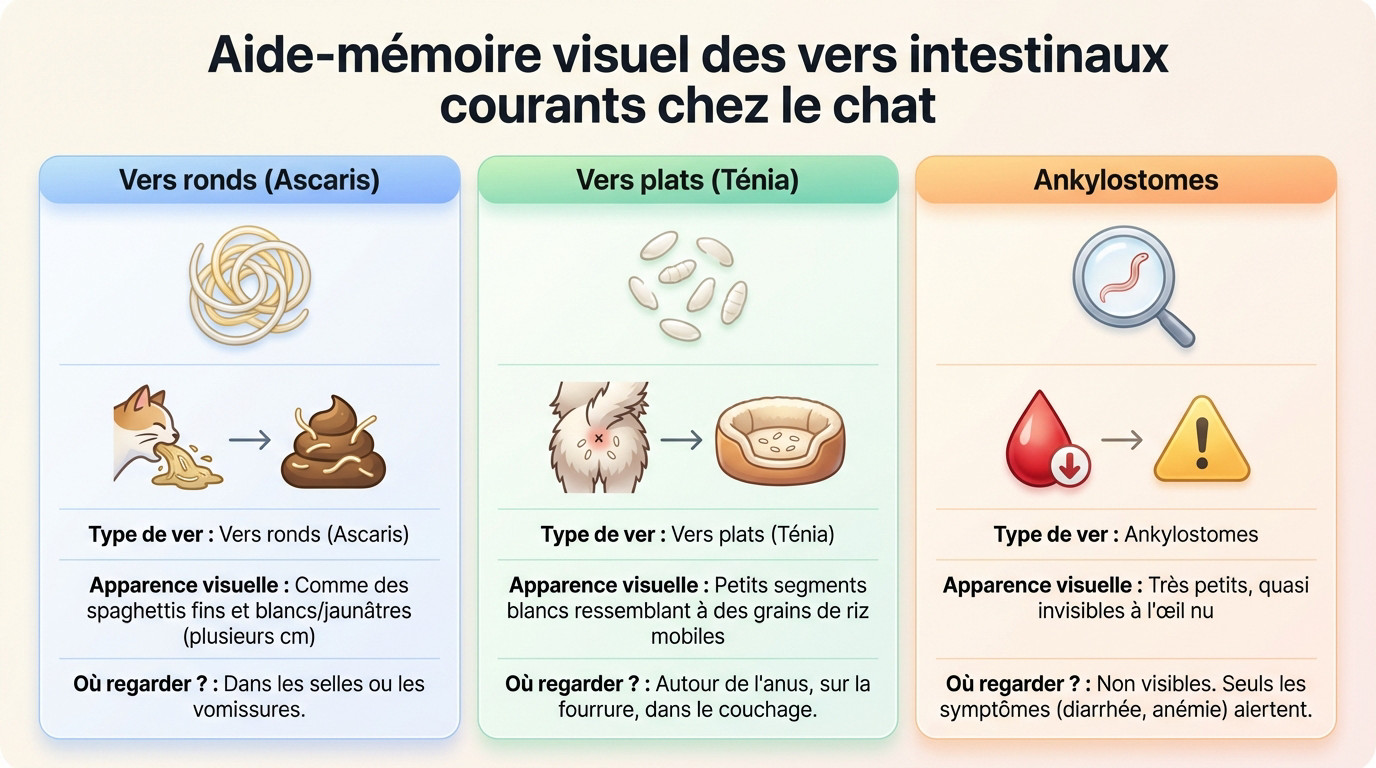 Tableau récapitulatif pour identifier visuellement les vers intestinaux chez le chat