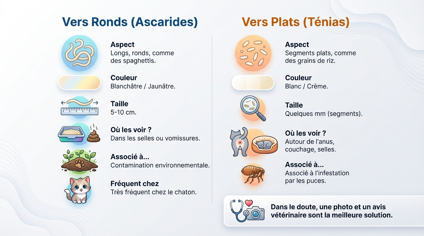 Guide visuel pour identifier les vers ronds et plats chez le chat
