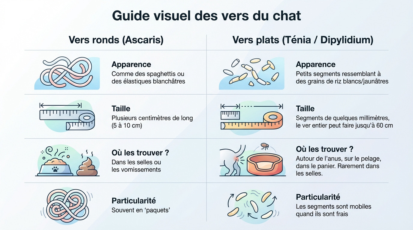 Guide visuel pour différencier les vers ronds et plats chez le chat
