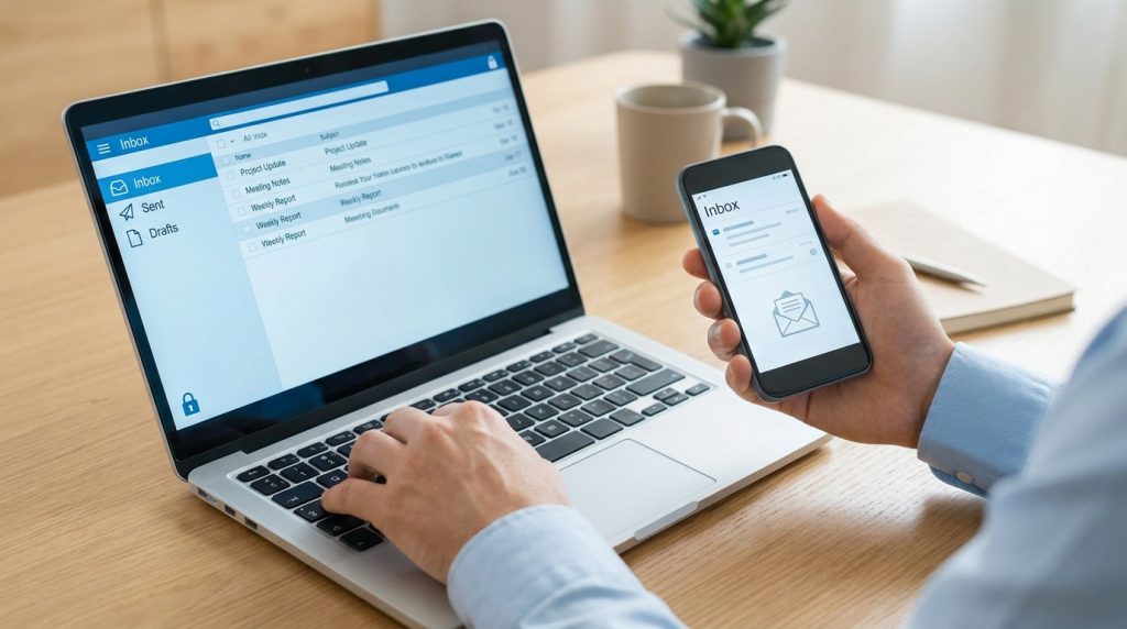 Une personne consulte ses e-mails simultanément sur un ordinateur portable et un smartphone à son bureau.