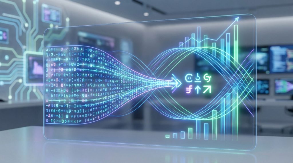 Visualisation numérique d'un entonnoir de données transformant du code en icônes et graphiques de performance ascendants.