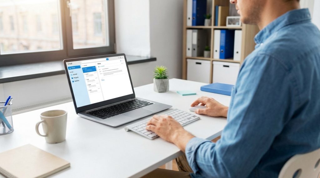 Un homme en chemise bleue travaille sur son ordinateur portable dans un bureau lumineux.