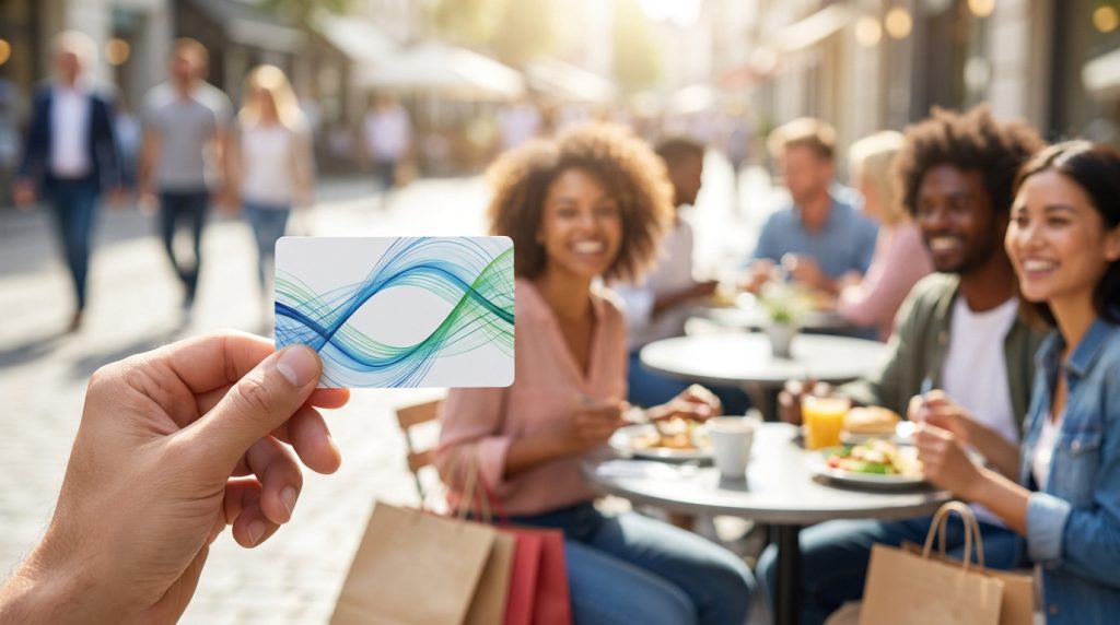 Une main tenant une carte cadeau devant des amis souriants en terrasse d'un centre commercial.