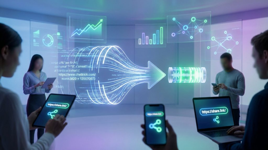 Groupe de personnes utilisant des appareils numériques autour d'une visualisation holographique de raccourcissement de lien.