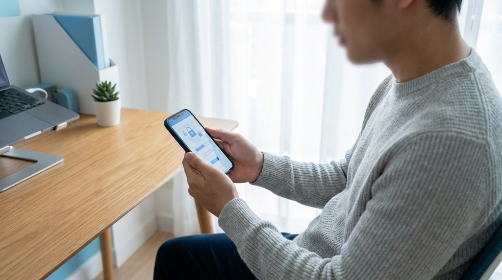 Un homme consulte une application mobile sécurisée sur son smartphone depuis son bureau.