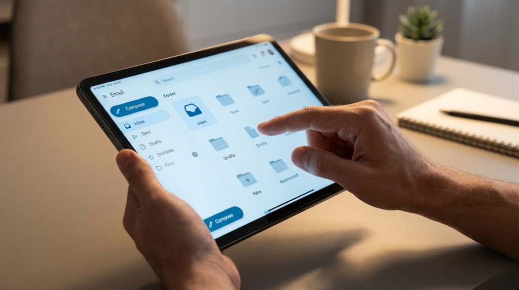 Une personne utilise une tablette tactile pour organiser ses dossiers de messagerie électronique.