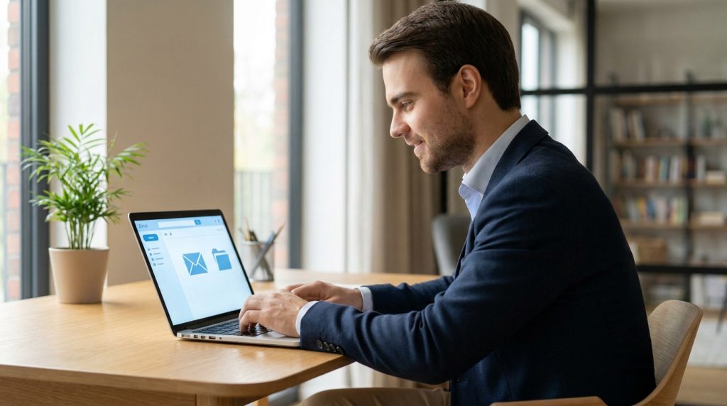 Un homme en costume utilisant un ordinateur portable pour consulter ses e-mails au bureau.