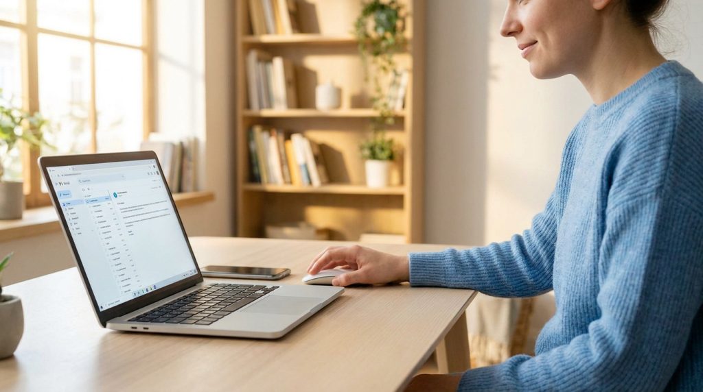 Une femme souriante utilisant un ordinateur portable dans un bureau lumineux pour consulter ses e-mails.