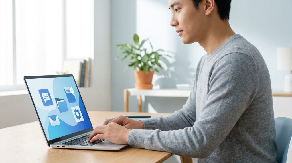 Jeune homme travaillant sur un ordinateur portable affichant des icônes de messagerie et de paramètres.