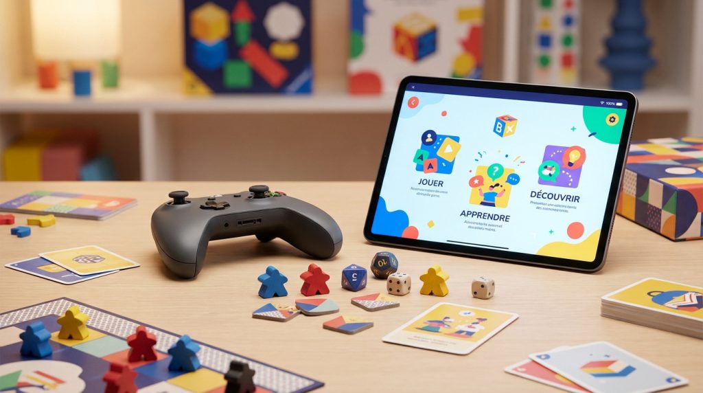 Une tablette montrant une interface éducative avec des jeux de société et une manette sur une table en bois.