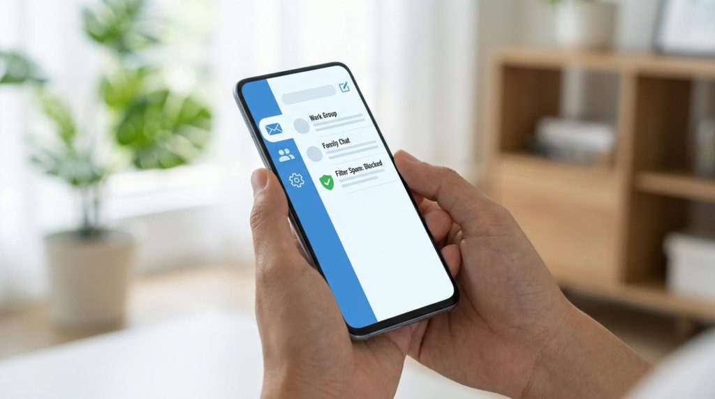Mains tenant un smartphone affichant une application de messagerie organisée avec des icônes et une liste de contacts.