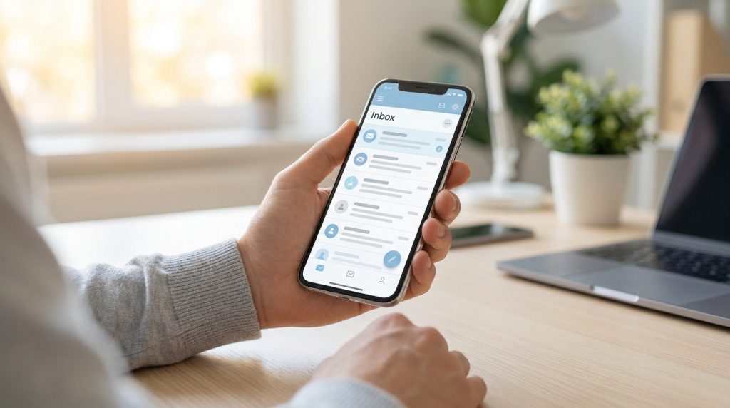 Une personne consultant sa boîte de réception e-mail sur un smartphone dans un bureau lumineux.