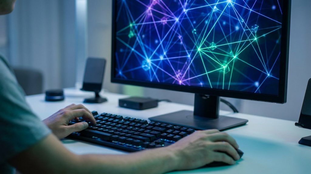 Personne utilisant un clavier et une souris devant un écran affichant un réseau de données numérique abstrait.
