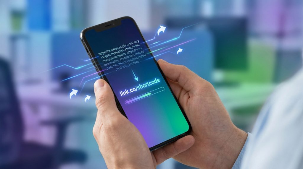 Mains tenant un smartphone affichant la conversion d'une longue URL complexe en un lien court avec des icônes de partage.