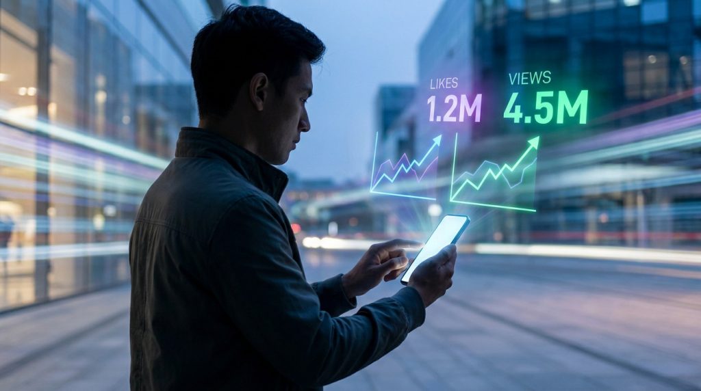 Un homme utilise son smartphone avec des graphiques holographiques montrant 1,2M de likes et 4,5M de vues en arrière-plan.