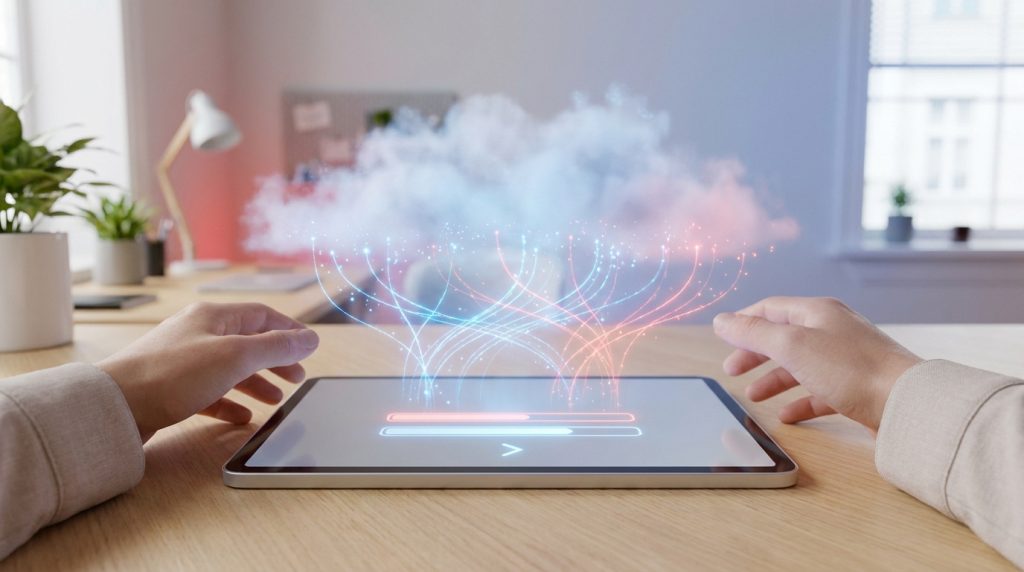 Mains posées sur une tablette affichant un nuage numérique avec des flux de données lumineux, symbolisant le cloud.