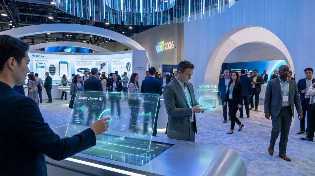 Visiteurs explorant des technologies innovantes sur des écrans holographiques au salon CES 2026.