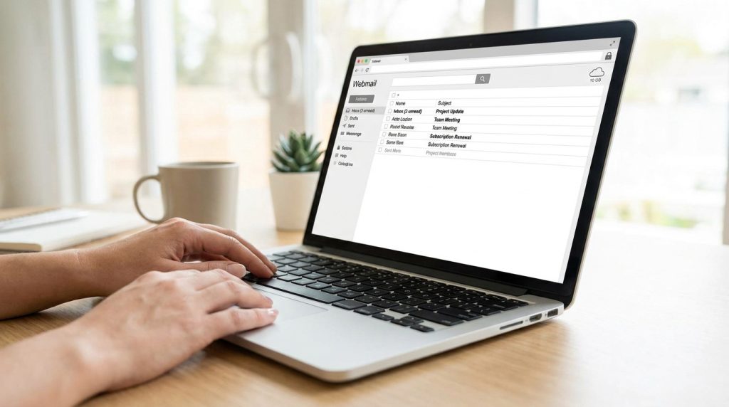 Personne utilisant un ordinateur portable pour consulter sa messagerie web dans un environnement de bureau lumineux.