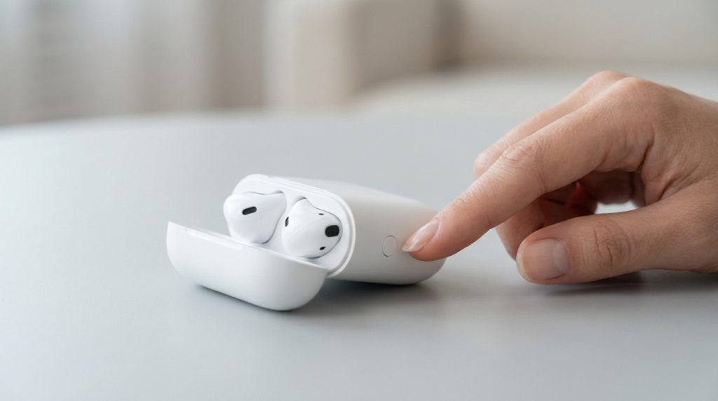 Une main appuie sur le bouton de configuration situé à l'arrière d'un boîtier de charge ouvert pour AirPods.