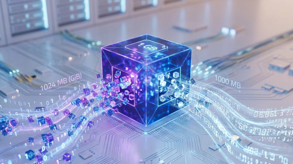 Cube numérique sur une carte mère illustrant la différence entre 1024 Mo et 1000 Mo de données.