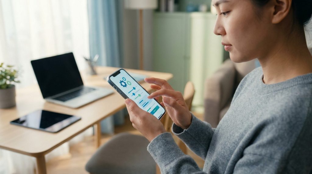 Une femme utilisant une application de réglages sur son smartphone.