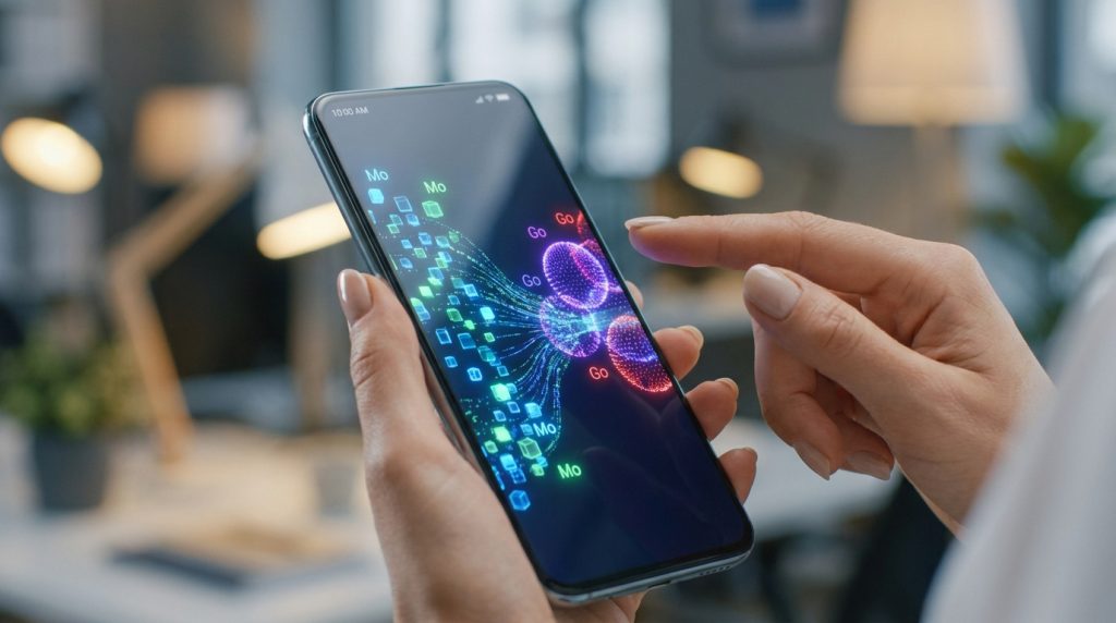Une personne utilisant un smartphone affichant une animation numérique illustrant la conversion de Mo en Go.