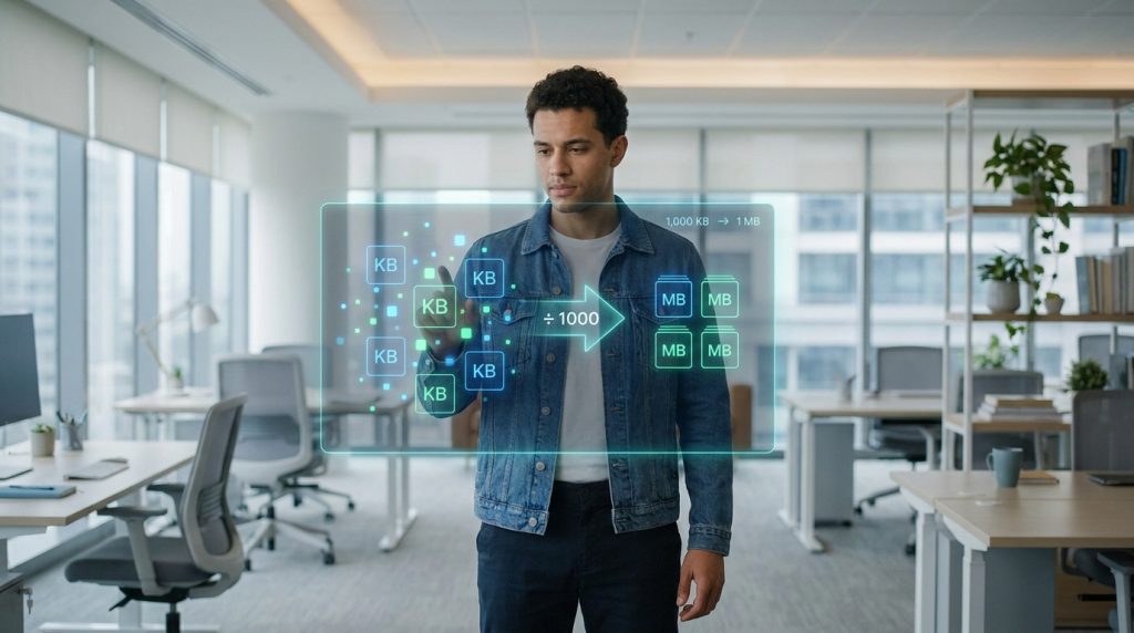 Un homme dans un bureau moderne interagit avec une interface holographique montrant la conversion de kilo-octets en méga-octets.