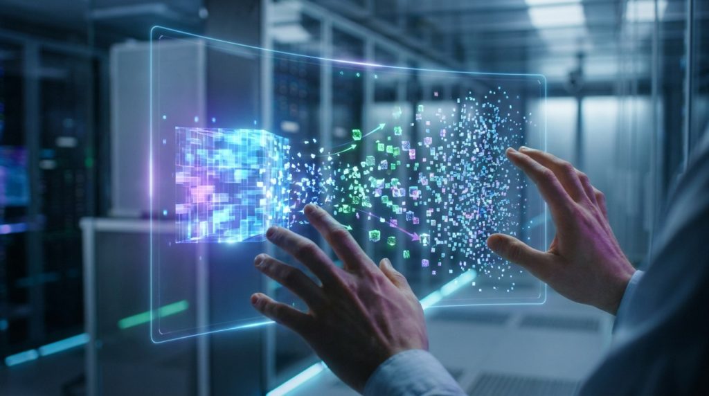 Mains manipulant une interface holographique représentant des flux de données numériques dans un centre de serveurs.