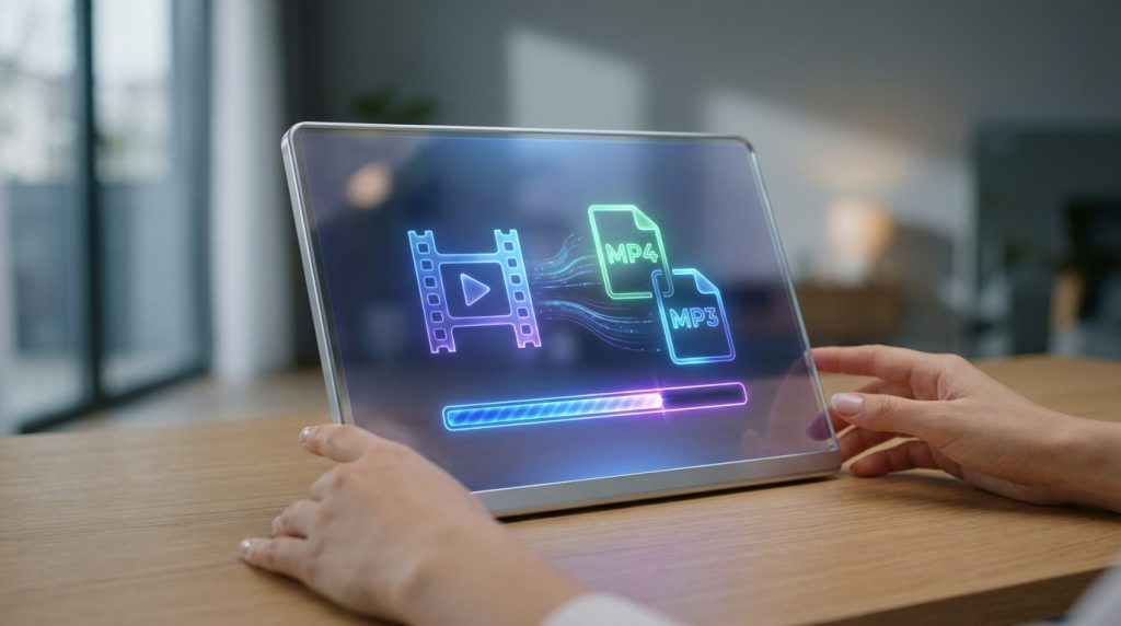 Une tablette transparente affichant des icônes de conversion vidéo MP4 et MP3 avec une barre de progression.