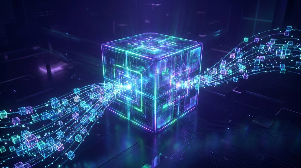 Un cube technologique futuriste traitant des flux de données numériques lumineuses dans un espace virtuel sombre.