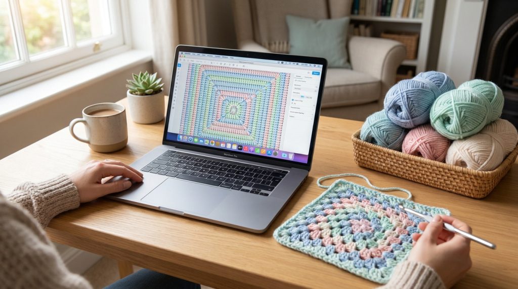 Une personne utilisant un MacBook pour créer un patron de crochet, avec des pelotes de laine sur un bureau en bois.