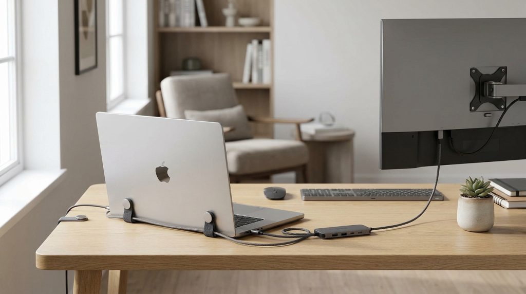 Un MacBook argenté maintenu par un support minimaliste sur un bureau en bois clair épuré.