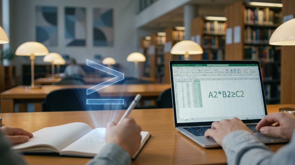 Un hologramme du symbole supérieur ou égal au-dessus d'un carnet, avec un ordinateur affichant une formule Excel.