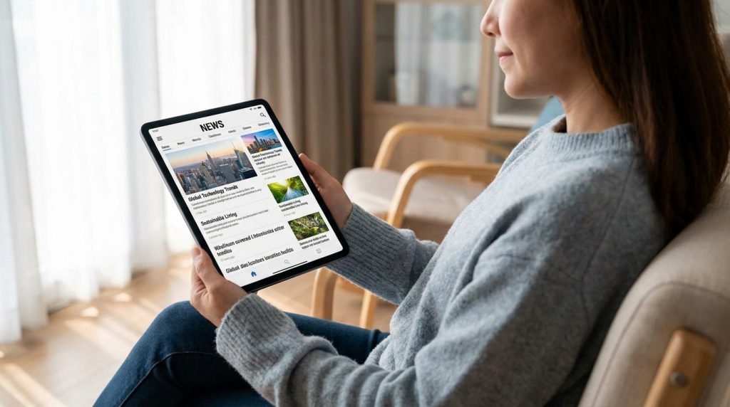 Une femme assise dans un fauteuil lit les actualités sur sa tablette Android dans un salon lumineux.