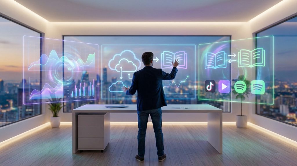 Un entrepreneur interagissant avec des interfaces holographiques de données et de contenu numérique dans un bureau moderne.