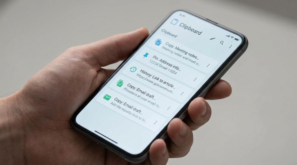 Une main tenant un smartphone affichant l'historique du presse-papiers avec plusieurs éléments copiés.