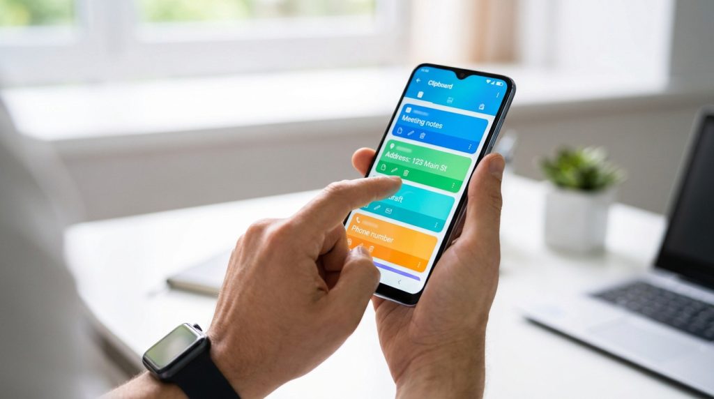 Une personne utilise l'application presse-papier sur son smartphone Android pour gérer des éléments copiés.