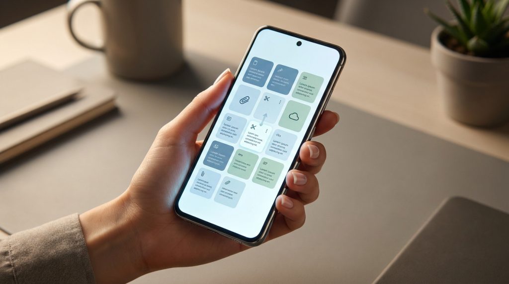 Une main tenant un smartphone affichant une interface de gestion de presse-papier avec des vignettes colorées.