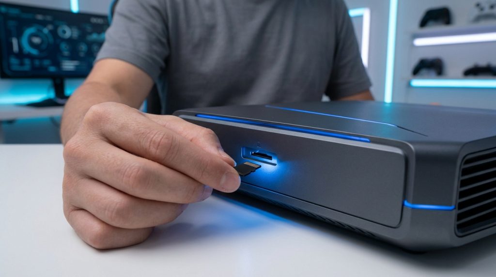 Une personne insère une carte micro SD dans le port d'une console de jeu moderne avec un éclairage LED bleu.
