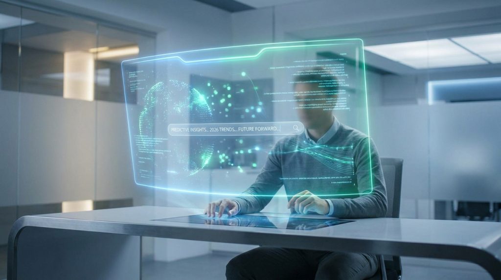 Un utilisateur interagissant avec une interface holographique futuriste affichant une barre de recherche Google.