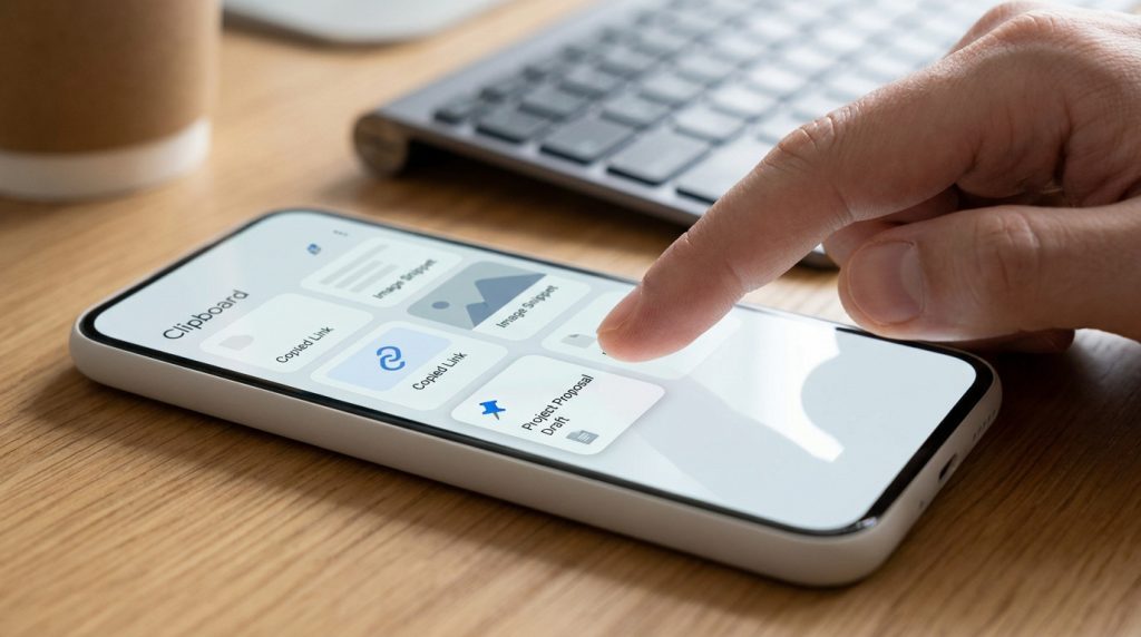 Main utilisant un smartphone affichant l'interface du presse-papiers avec des extraits d'images et de liens.