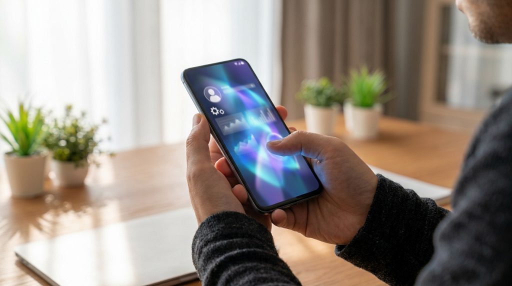 Une personne tient un smartphone affichant une interface de réglages de profil avec une icône de profil utilisateur.