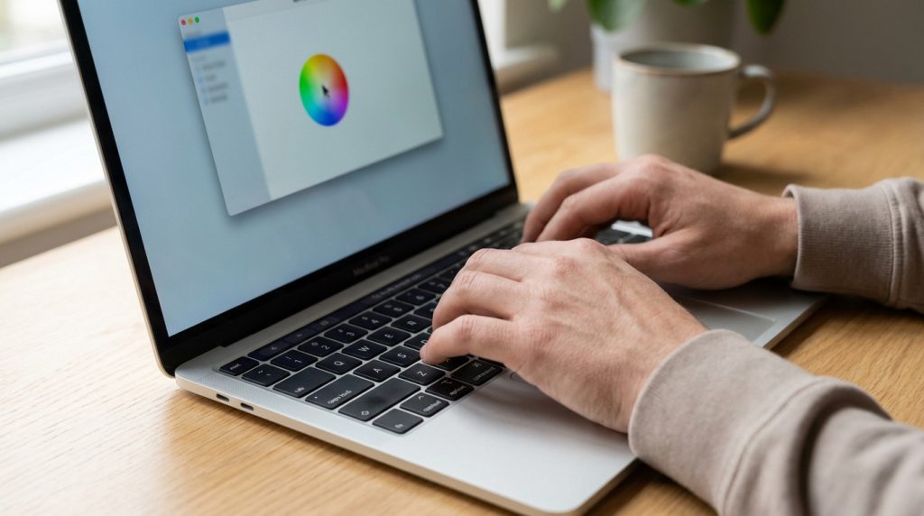 Mains d'une personne tapant sur un clavier d'ordinateur portable Mac affichant une roue chromatique de chargement.