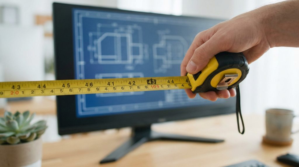 Une main tenant un mètre ruban devant un écran d'ordinateur affichant un plan technique bleu.