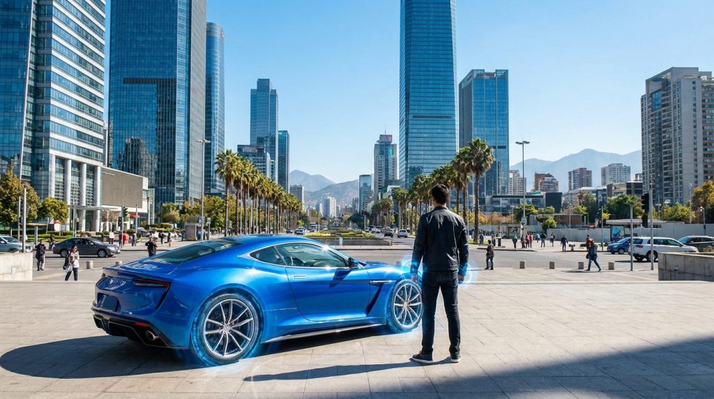 Un joueur debout devant une voiture de sport bleue futuriste au cœur d'une ville moderne inspirée de Los Santos.