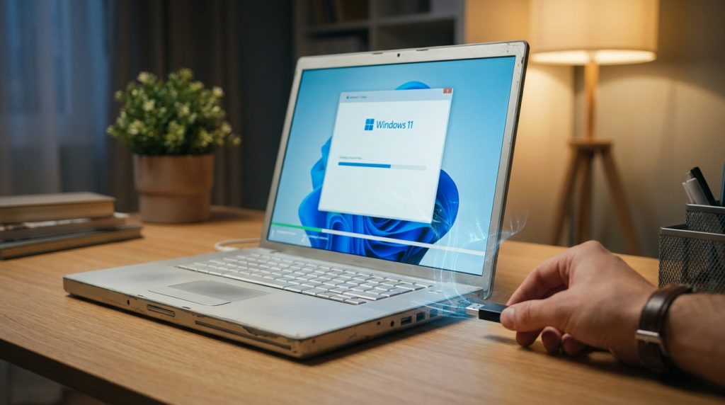 Une main insère une clé USB dans un ordinateur portable affichant le programme d'installation de Windows 11.