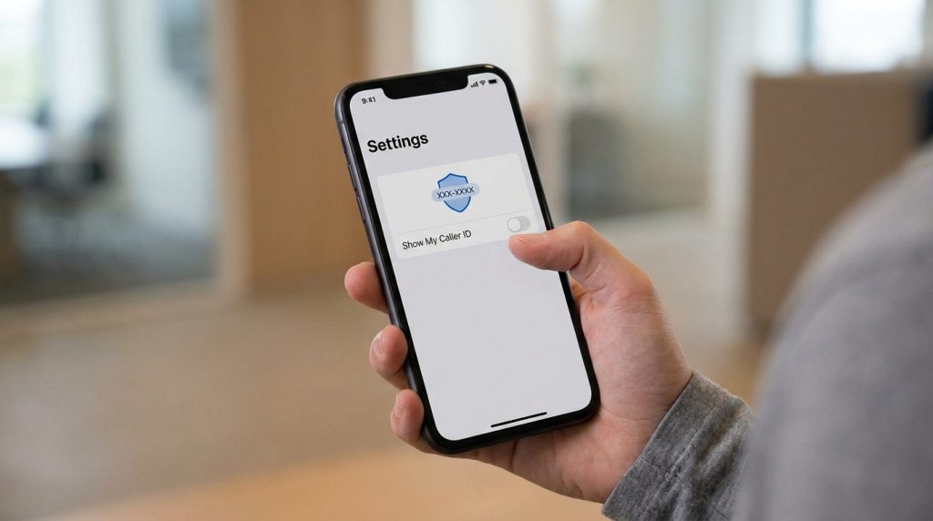 Une main tient un iPhone affichant le réglage "Afficher mon numéro" dans les paramètres.