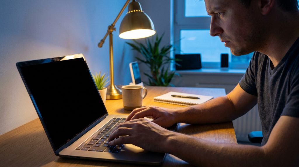 Un homme concentré face à un ordinateur portable dont l'écran est noir, dans un bureau sombre avec une lampe de bureau.