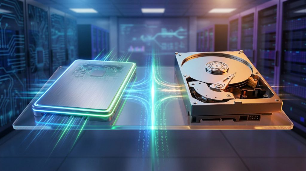 Comparaison visuelle entre un SSD moderne et un disque dur mécanique traditionnel dans un centre de données.