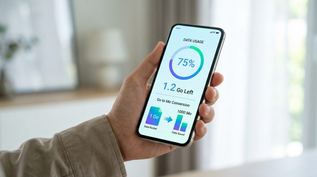 Une main tenant un smartphone affichant les données mobiles et une illustration de conversion de 1 Go vers 1000 Mo.